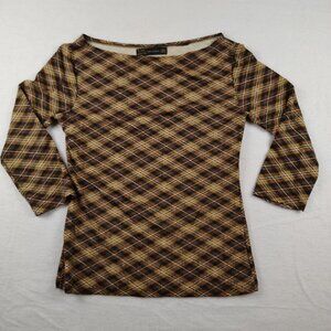 Zara Knitwear Shirt Brown Plaid 3/4 Sleeve Sz Medium